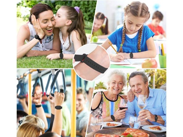 Exemples d'adultes et d'enfants dans diverses situations du quotidien dans lesquelles le bracelet rechargeable de liquide peut être utilisé