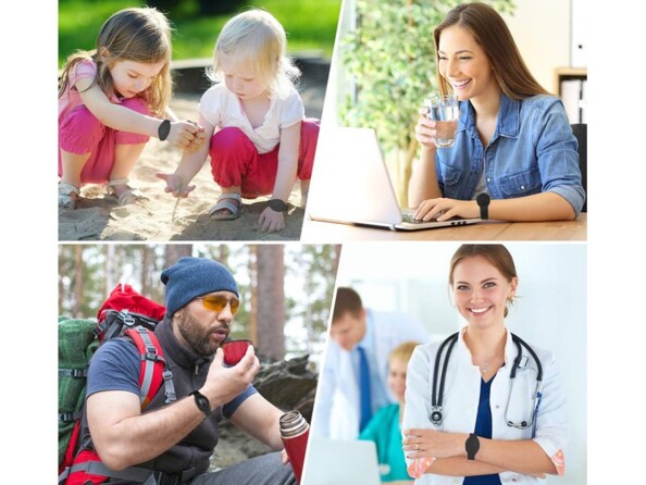 Mise en situation du port du bracelet désinfectant chez un médecin, une salarié, des enfants et un randonneur