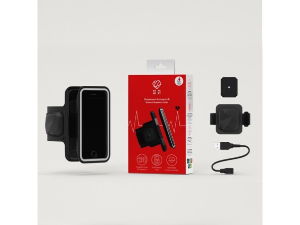 Brassard sport Shapeheart Cardio avec cardiofréquencemètre, câble Micro-USB vers USB-A et Winter kit
