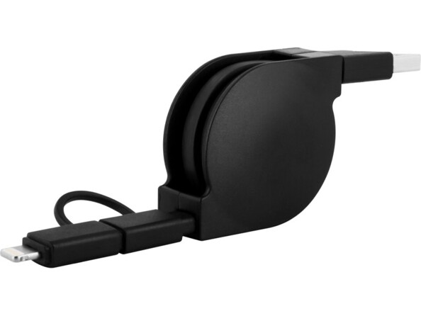 Vue arrière du boîtier noir du câble rétractable Lightning/Micro-USB vers USB-A Novodio