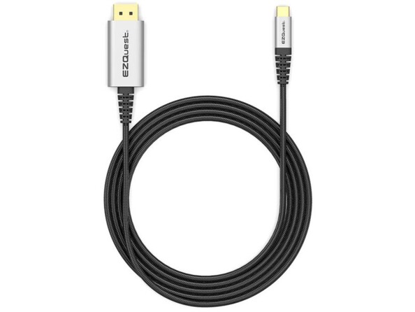 Câble USB-C vers DisplayPort 2,2 m EZQuest avec gaine en nylon tressé noire et connecteurs plaqués or dans boîtiers en aluminium