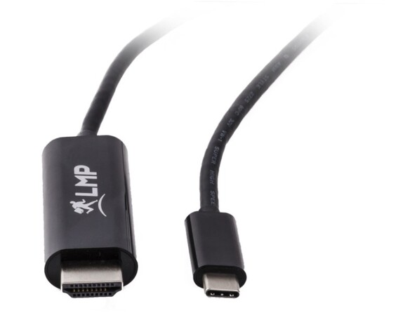 Plan rapproché de face sur le connecteur HDMI type A 2.0 mâle et la fiche USB-C 3.1 du câble adaptateur LMP