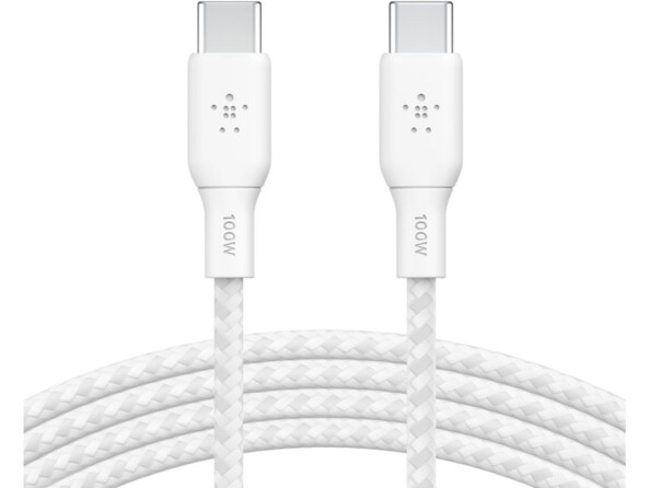 Câble USB type C en nylon tressé coloris blanc enroulé sur lui-même