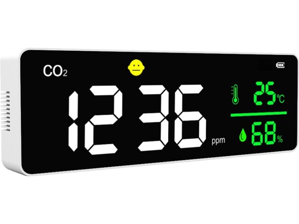 Smiley indicateur de qualité de l'air avec affichage des données diverses sur écran LED à luminosité réglable