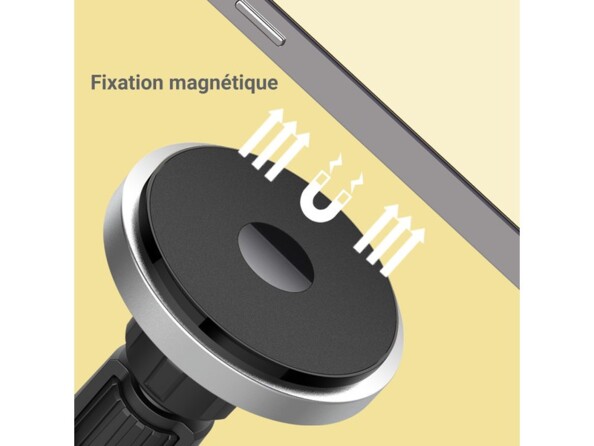 Schématisation de la fixation magnétique du dos d'un iPhone compatible MagSafe à la surface magnétique du chargeur sans fil