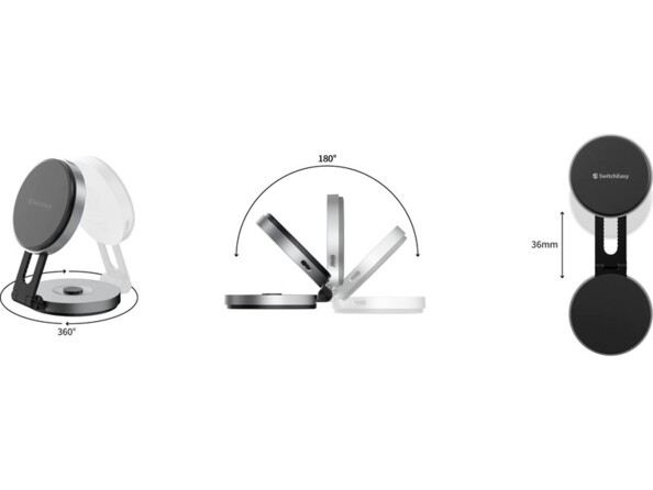 Schématisations du pivot horizontal à 180°, de la rotation à 360° et du réglage en hauteur jusqu'à 36 mm du chargeur magnétique sans fil SwitchEasy Orbit Pro coloris noir