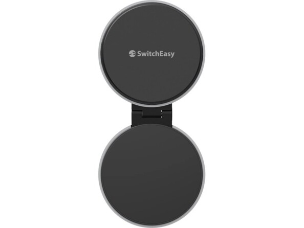 Chargeur magnétique sans fil Orbit Pro déplié à 360° à plat laissant apparaître deux surfaces rondes reliées par un système de fixation mobile pliable