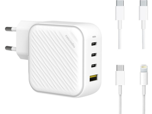 Chargeur secteur USB-C et USB-A C-Charge 100 GaN avec 2 câbles USB de la marque Novodio