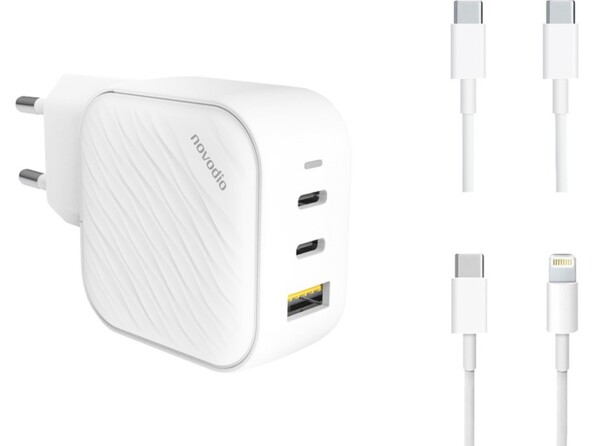 Chargeur secteur USB-C et USB-A C-Charge 100 GaN avec 2 câbles USB de la marque Novodio