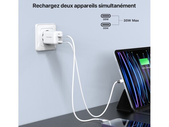 Chargeur secteur à double prise USB-C pour tablette et Smartphone