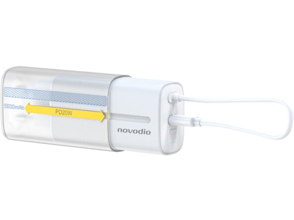 Chargeur rapide double fonction avec fiche d'alimentation secteur rétractée et câble USB-C apparent