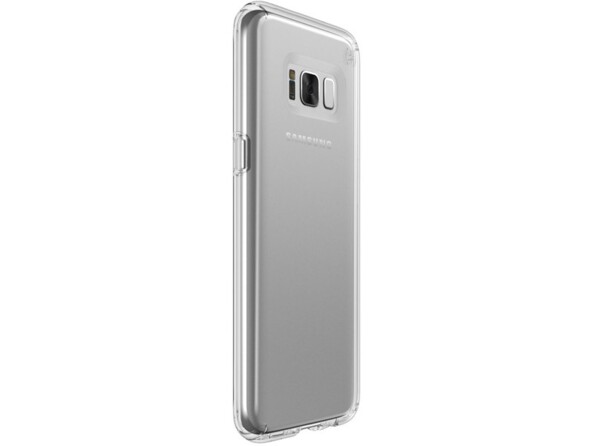 Vue arrière de biais d'un Samsung Galaxy S8 coloris gris avec coque transparente