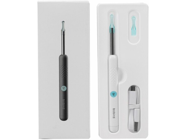 Nettoyeur d’oreille Bebird R1 avec spatule en plastique et câble de chargement USB dans leur boîte d'origine