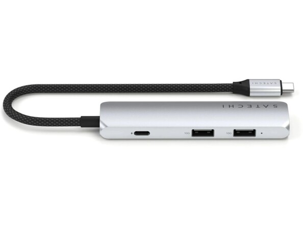 Boîtier en aluminium coloris argent du hub Satechi 4 en 1 avec 2 ports USB-A, 1 port USB-C et un câble USB-C