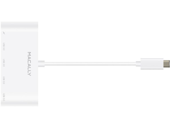 Vue du dessus du boîtier blanc de la station d'accueil avec câble USB-C court intégré