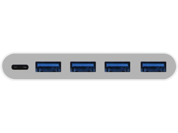 Vue de face des 5 ports USB de l'adaptateur avec 4 ports USB-A et 1 port USB-C
