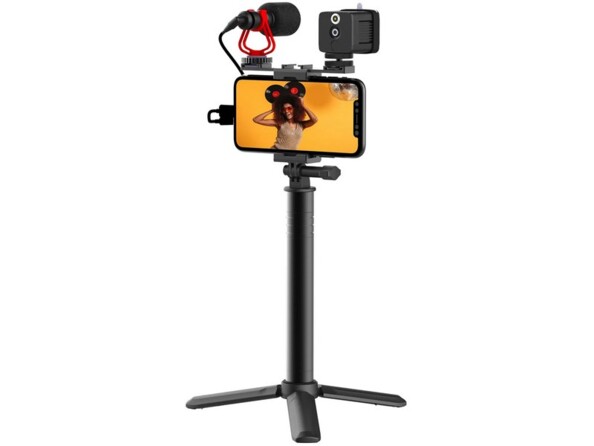Pack pour vlogger avec support pour smartphone, microphone, lampe LED, mini trépied, perche télescopique, câble jack et fixation verticale pour trépied