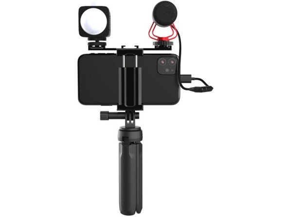 Stick pour vlog à la main avec lumière, microphone, câble jack et support avec iPhone fixé