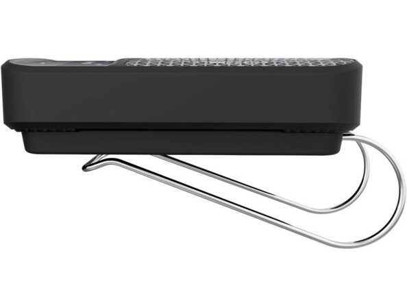 Vue couchée côté gauche du boîtier avec clip de fixation pour pare-soleil