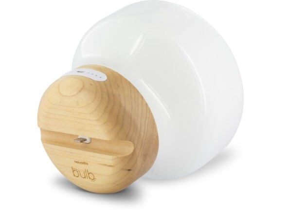 Lampe bulbe en verre opaque avec couvercle en bois avec fiche Lightning et voyant LED du niveau de charge de la batterie