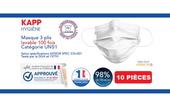 Lot de 10 masques lavables 3 plis 4 couches, blancs