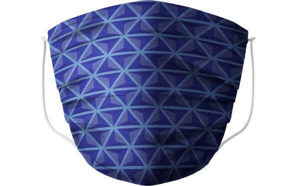 Masque lavable bleu marine motif triangles 3D avec élastiques blancs sur fond blanc