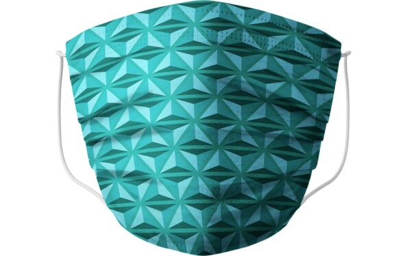 Masque lavable turquoise motif triangles 3D avec élastiques blancs sur fond blanc