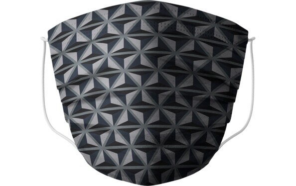 Masque lavable noir motif triangles 3D avec élastiques blancs sur fond blanc