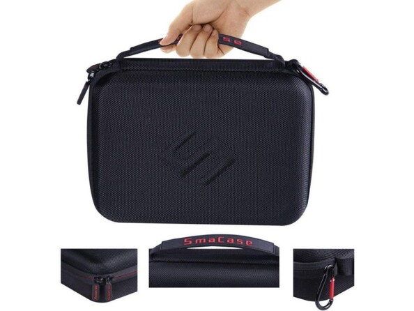 Gros plan sur le mousqueton, la poignée, la fermeture à glissière et l'aspect général de la mallette de transport Smatree coloris noir pour gimbal DJI Osmo Mobile 3