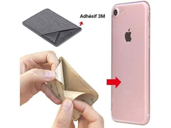 Explication de la mise en place du porte-cartes 2 emplacements au dos d'un iPhone rose pâle après avoir retiré son film de protection