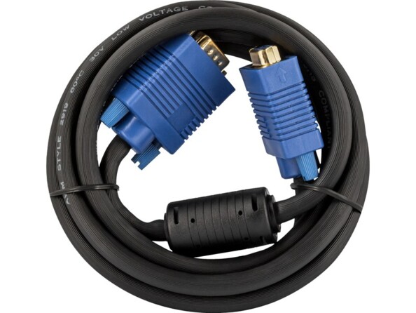 Câble VGA coloris noir et bleu avec connecteurs dorés enroulé sur lui-même