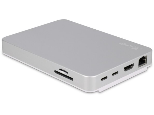 Vue arrière de la station d'accueil DuoDock LMP multifonction design rectangulaire coloris blanc avec port RJ45 Gigabit Ethernet, port HDMI, 2 ports USB-C, lecteur de carte SD et lecteur de carte MicroSD