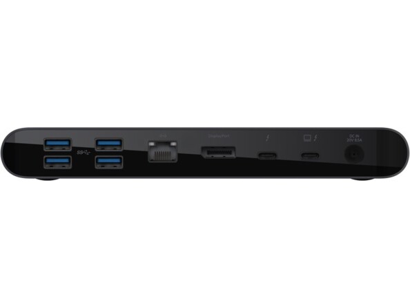 Vue arrière du dock avec 4 ports USB-A, 2 ports USB-C, 1 prise RJ45, 1 port Displayport et 1 prise jack 3,5 mm