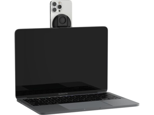 Utilisation d'un iPhone comme webcam à la verticale sur l'écran d'un PC portable ouvert éteint