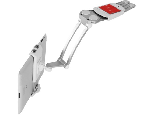 Tablette accrochée par pince au bras articulé du support mural orientable