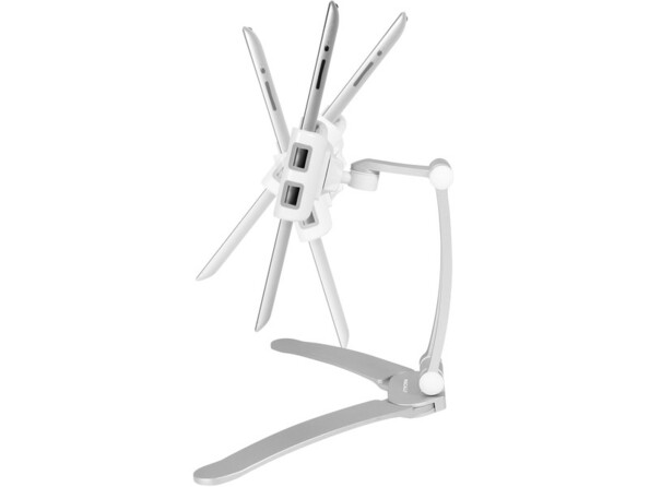 Schématisation de l'inclinaison vers l'avant et vers l'arrière de la tête du pied de support coloris blanc et gris