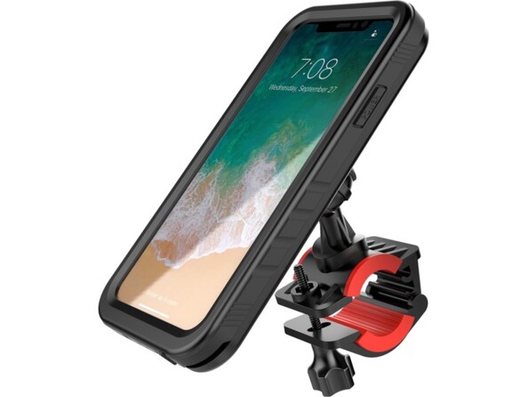 Support téléphone coloris noir et rouge pour guidon de vélo, moto, motoneige, jet ski, VTT, quad, etc.