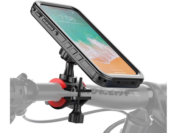 Iphone X protégé par une coque de protection fixée sur une articulation à rotule fixée elle-même sur le guidon d'un vélo