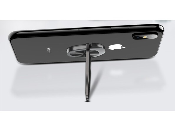 Mise en format paysage d'un iPhone avec clip adhésif inclinable en tant que support fixé au dos du boîtier du téléphone