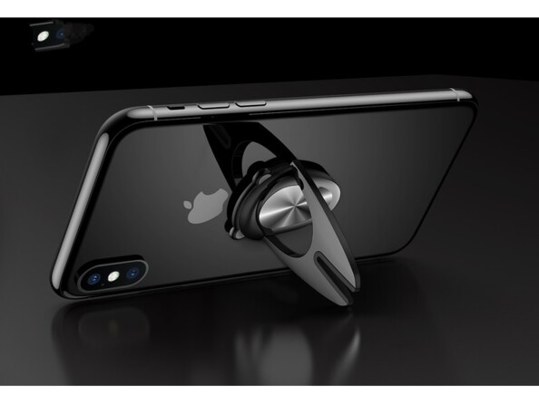 Mise en format paysage d'un iPhone avec clip adhésif inclinable en tant que support fixé au dos du boîtier du téléphone