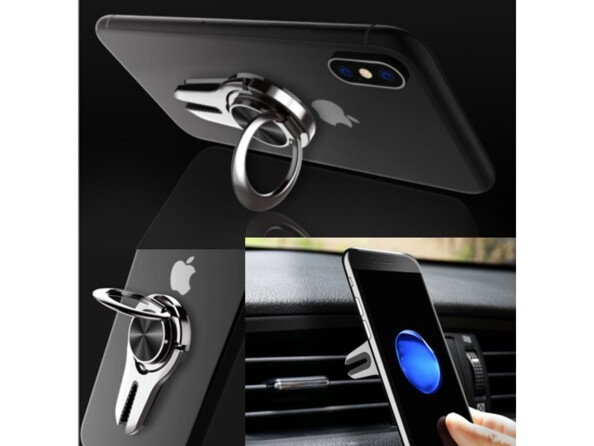 Mise en situation du support autocollant avec anneau au dos d'un iPhone fixé à la grille d'aération d'un véhicule
