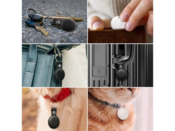 6 mises en situations différentes du traceur GPS MiLi MiTag : sur trousseau de clés, un sac, une valise ou comme collier pour chien et chat