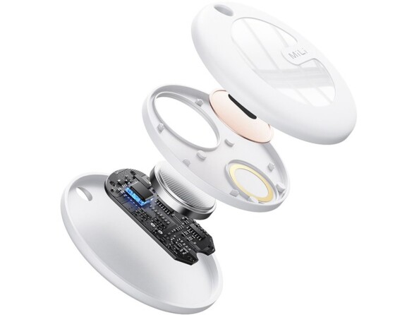 Vue explosée de l'intérieur du tracker GPS coloris blanc alimenté par pile bouton CR2032