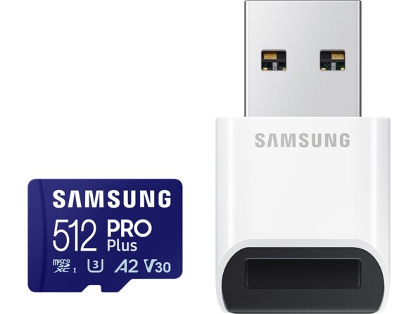 Carte MicroSD PRO Plus 512 Go avec clé adaptateur USB de la marque Samsung