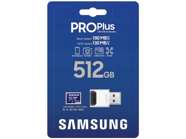 Carte MicroSD avec adaptateur USB Samsung PRO plus 512 Go dans son emballage