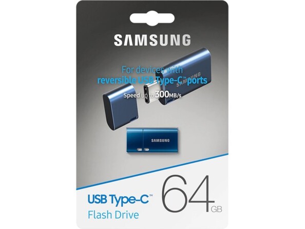 Clé de stockage mémoire flash USB type C réversible 64 Go de la marque Samsung dans son emballage