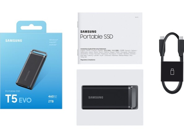 SSD Samsung T5 EVO dans son emballage avec câble USB-C vers USB-C et mode d’emploi en français