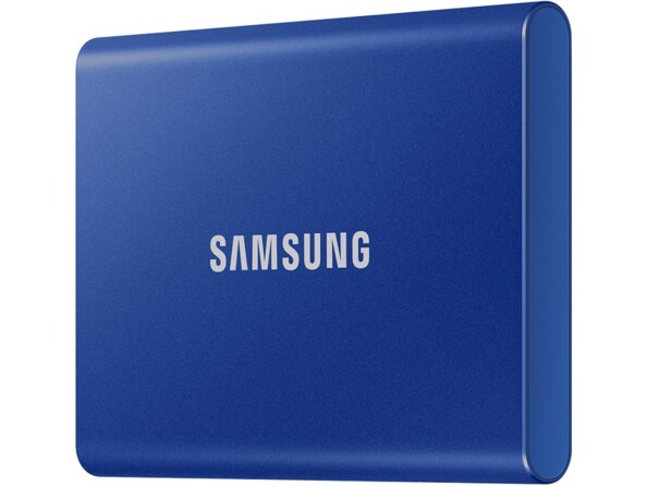 Vue de biais côté droit du boîtier coloris bleu du disque dur externe SSD Samsung