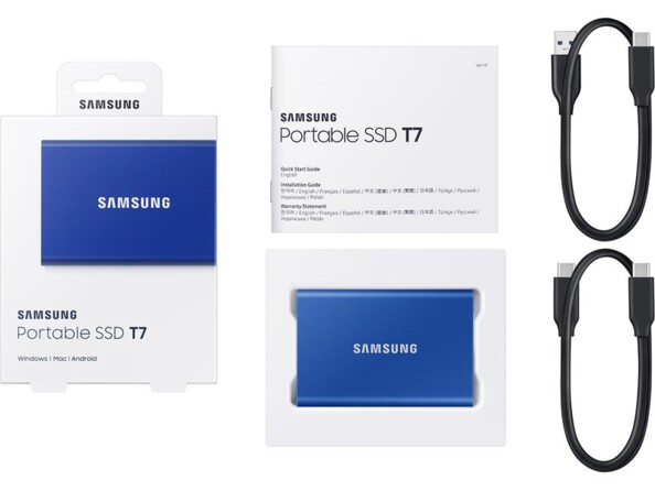 SSD Samsung T7 dans son emballage avec câble USB-C vers USB-C et câble USB-C vers USB-A