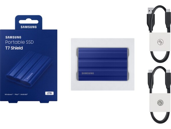 Le SSD T7 Shield est compatible avec une large gamme d'appareils, y compris les PC, Mac, smartphones Android, iOS et consoles de jeux telles que la PlayStation 5 ou la Xbox Series X, grâce à ses câbles USB-C vers USB-C et USB-C vers USB-A